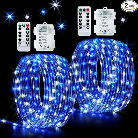 JMEXSUSS 2 Pack Rope Lights Battery Operated Christmas Lights Outdoor, Total 200LED 66ft 8 Modes Battery Powered String Lights with Remote, Blue and White String Light for Christmas Decor