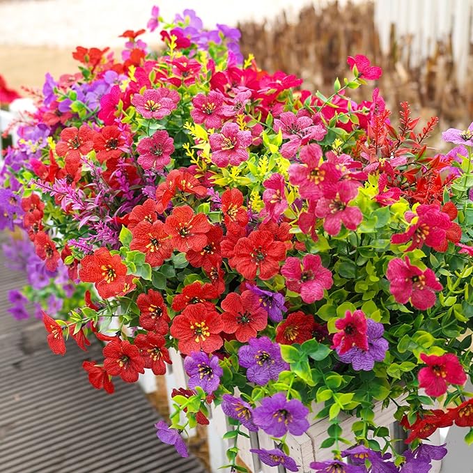 SHareconn 24 Bundles Artificial Flowers for Outdoors Decoration, Faux Plants Fake Silk Colorful Daisy Eucalyptus Lavender, UV Resistant for Outside Planters Home Porch Patio Indoor Spring,Mix 3 Colors