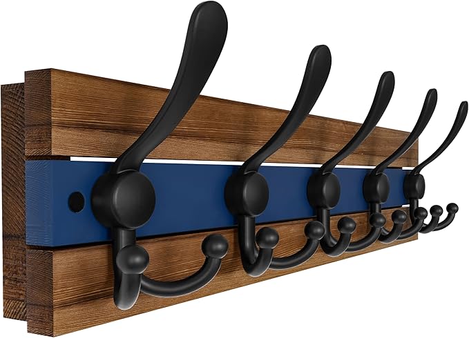 SKOLOO Rustic Wall Mounted Coat Rack - 17" Long Coat Hooks for Wall with 5 Triple Hooks for Hanging Coats, Hats or Tools, Western National Parks Collection, Wood Brown & Blue