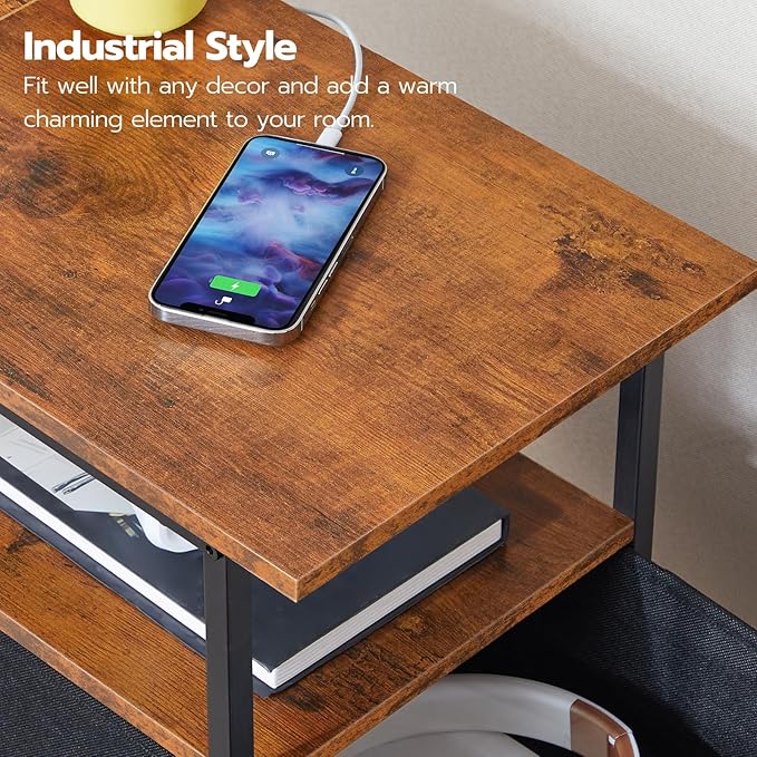HOOBRO End Table with Charging Station, Narrow Side Table, Nightstand with 2 Non-Woven Drawers, Slim Sofa Side Table, for Small Spaces, Living Room, Bedroom, Rustic Brown and Black BF486UBZ01