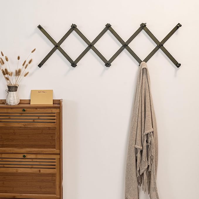 SKOLOO Hat Rack for Wall with 14 Hooks, Pack of 2, Solid Wooden, Modern, Expandable Coat Rack Wall Mount for Coats, Hats, Bags, Baseball Caps, Dark Walnut Color