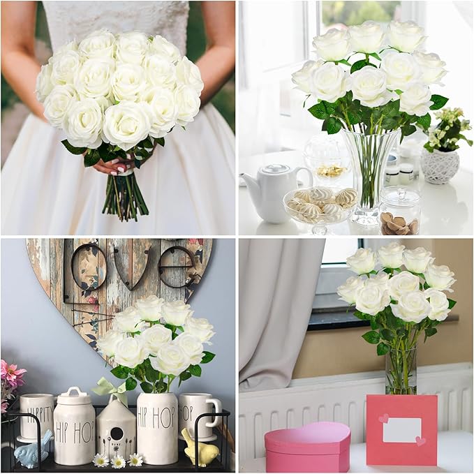 Ouddy Decor 20 Pcs Red Roses Artificial Silk Flowers Fake Roses Bouquet with Long Stems for Valentines Day Decor Wedding Home Party Table Centerpieces Bridal Bouquet DIY Floral Arrangment, White