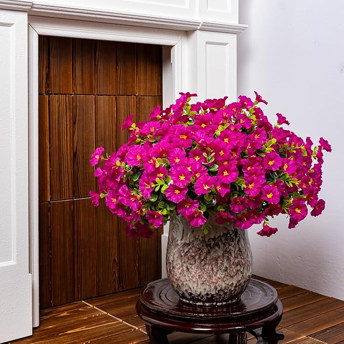 Artificial Faux Flowers for Outdoor 16 Bundles Boxwood Fake Morning Glory for Planter,UV Resistant Fake Flowers for Home Porch Patio Outside（Magenta）