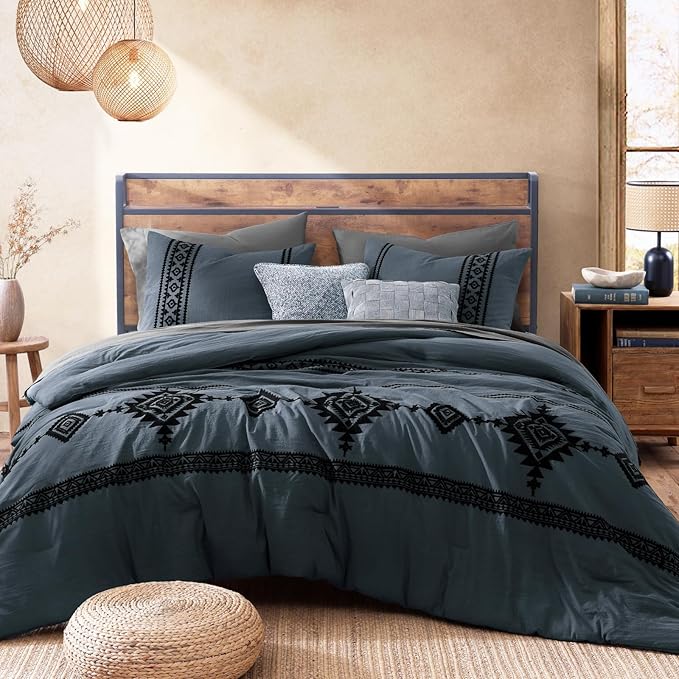 MaiRêve Embroidery Full Size Comforter Set Blue Grey, Farmhouse Western Boho Bedding Set 7 Pieces, All Season Bed in A Bag Comforter Set with Sheets, Pillowcases & Shams