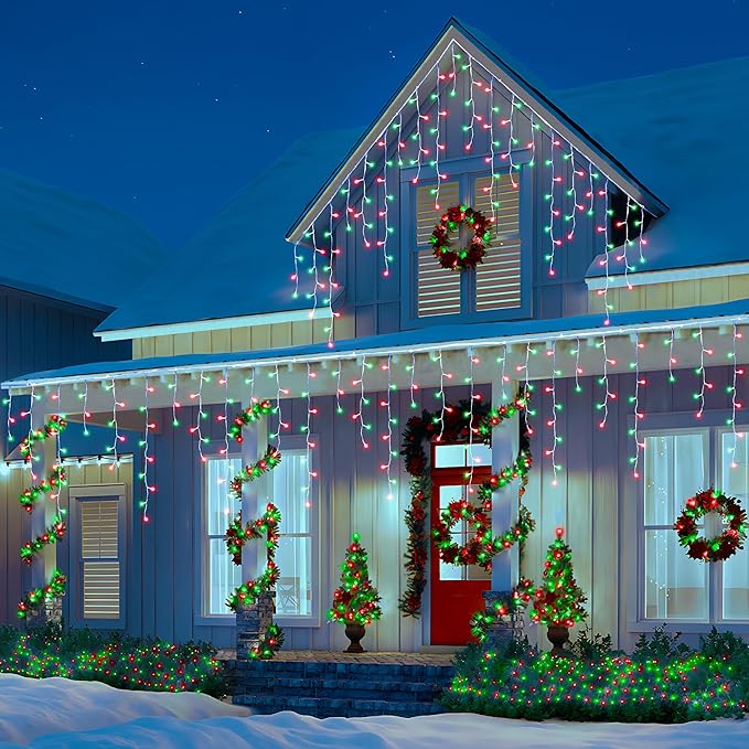 Toodour Red & Green Christmas Icicle Lights, 29.5ft 360 LED Icicle Lights, 8 Modes, 60 Drops, Window Curtain Led Christmas Light, Icicle Twinkle Light for Eaves, Party, Wedding, Xmas Decorations