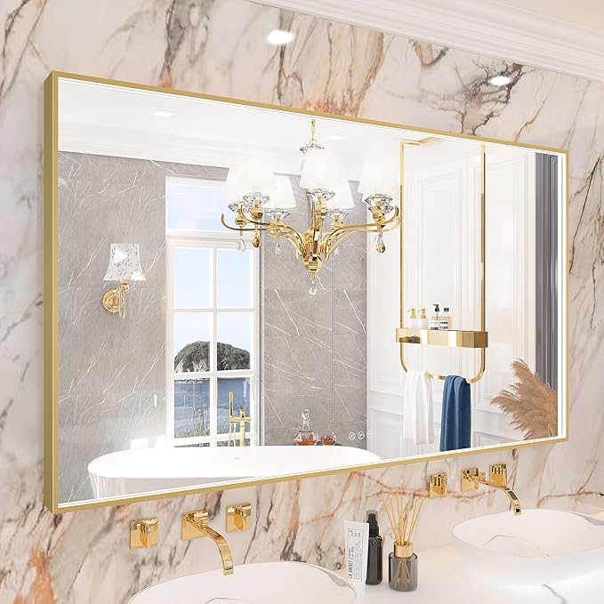 55x32 Inch LED Bathroom Mirror, Gold Metal Framed Lighted Mirror for Bathroom, Wall Mouted LED Vanity Mirror with Lights, 3 Colors and Stepless Dimmable, Anti-Fog, Memory