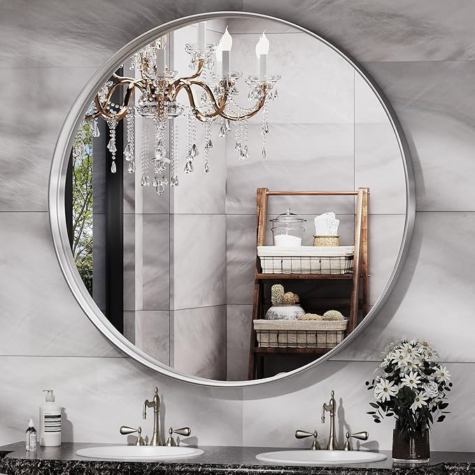Hasipu Round Silver Mirror 38 Inch Large Round Bathroom Mirror Metal Frame, Wall Mounted Circle Vanity Mirror for Wall Modern Decor (Hangs Horizontal or Vertical)