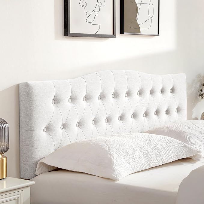 Tufted Upholstered Headboard California King, Sturdy and Durable Solid Wood Bed headboard, Fabric Headboard Adjustable Height from 37” to 51”, Button Diamond Design Head Board, White