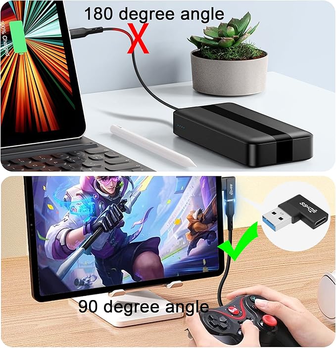 QIANRENON 90° Angle USB 3.1 to USB C Adapter 10Gbps USB A Male to Type C Female Right Angle L-Shaped Connector, for Data Transfer OTG 3A Charging, for PC Laptop Tablet,2Pcs (Right Angle Lateral Bend)