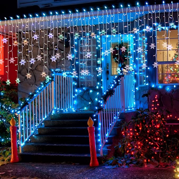 Christmas Snowflake Icicle Lights - Connectable 40ft 360 LEDs Multicolor/Warm White 20 Color Changing Waterproof Outdoor LED Christmas Lights With RF Control for House Curtain, Eaves, Xmas Decorations