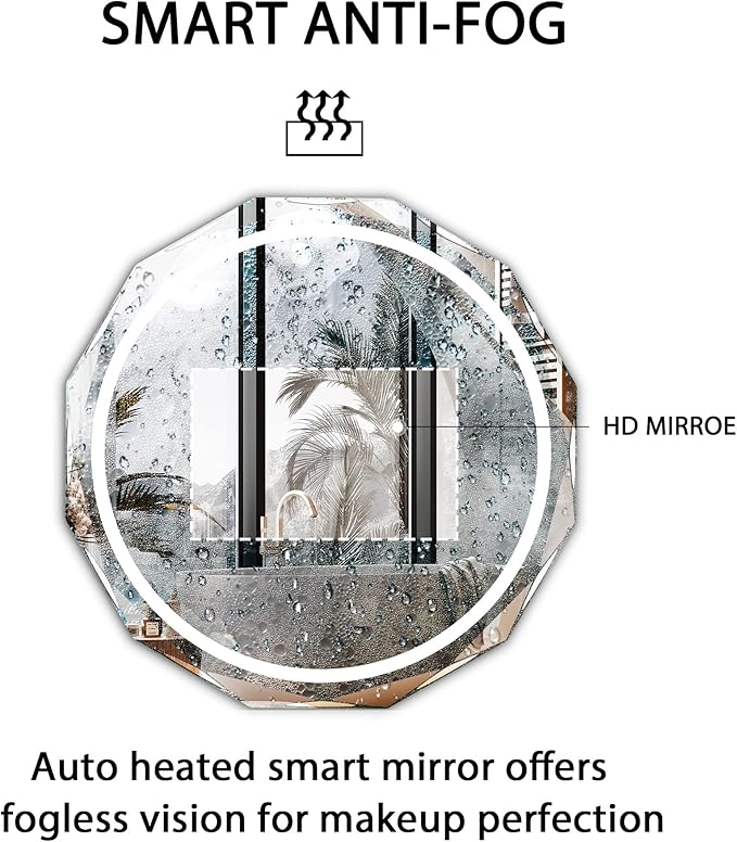 Round LED Bathroom Mirror, Beveled Edge Frameless Wall Mount Bathroom Vanity Mirror with 3-Color and Anti-Fog, 30 Inch, Silver