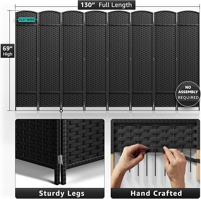 Sorbus 8-Panel Black Room Divider with Double Hinged Panels, 6 ft Tall Folding Privacy Screen