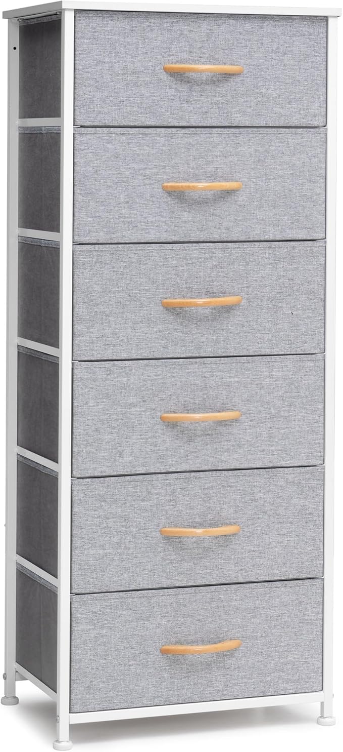Crestlive Products Tall Dresser Storage Tower - Sturdy Steel Frame, Wood Top, Easy Pull Fabric Bins, Handles - Vertical Organizer Unit for Bedroom, Hallway, Entryway, Closets - 6 Drawers (Light Gray)