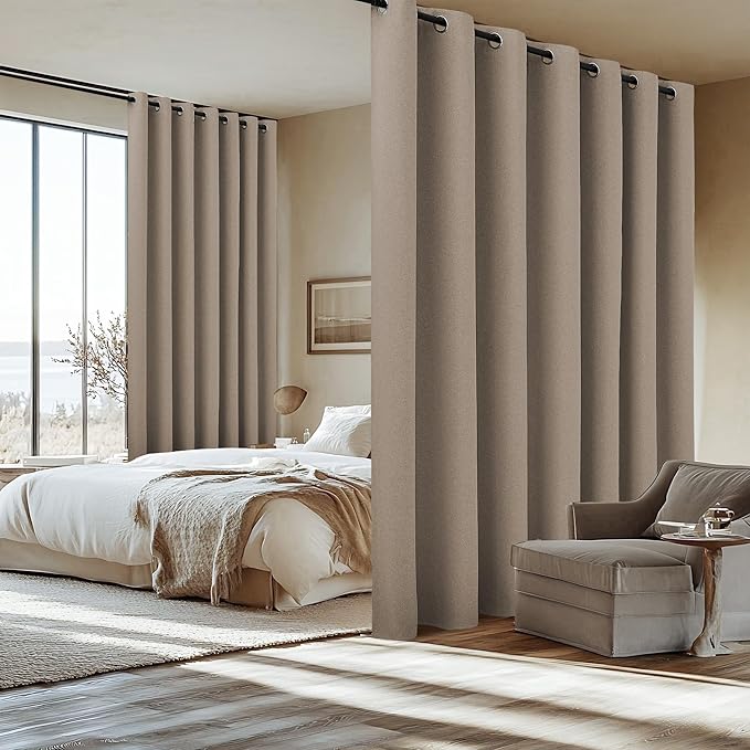 NICETOWN 100% Blackout Sound Reducing Divider Room Linen Curtain Panel, Camel, 100 inch per Panel, Energy Smart Thermal Insulated Drape for Shift Worker/Studio/Villa/Hall/Parlor