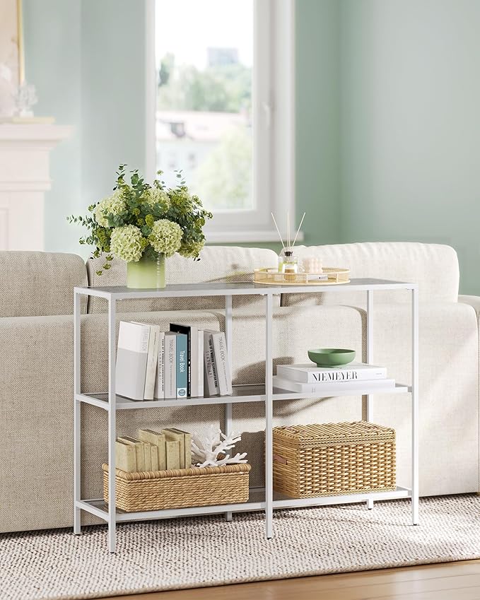 VASAGLE 39.4 Inch Console Table with 3 Shelves, Sofa Tables, Modern Entryway Table, Metal Frame, Tempered Glass Shelf, Entryway Living Room Bedroom, Pearl White and Slate Gray ULGT027W01
