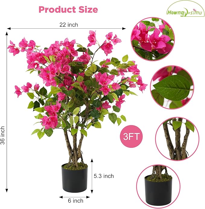 2 Pack Artificial Bougainvillea Tree, 3FT Faux Silk Floral Tree Bougainvillea Plant with Flowers in Plastic Pot for Home Office Garden Indoor Outdoor Decor