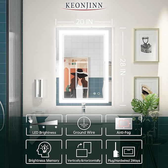Keonjinn LED Mirror for Bathoom 20 x 28 Inch, Bathroom Mirror with Front Lights, Shatter-Proof Tempered Glass, UL-Listed LED Driver, Anti-Fog, Dimmale 6000K, Easy Installation(Horizontal/Vertical)