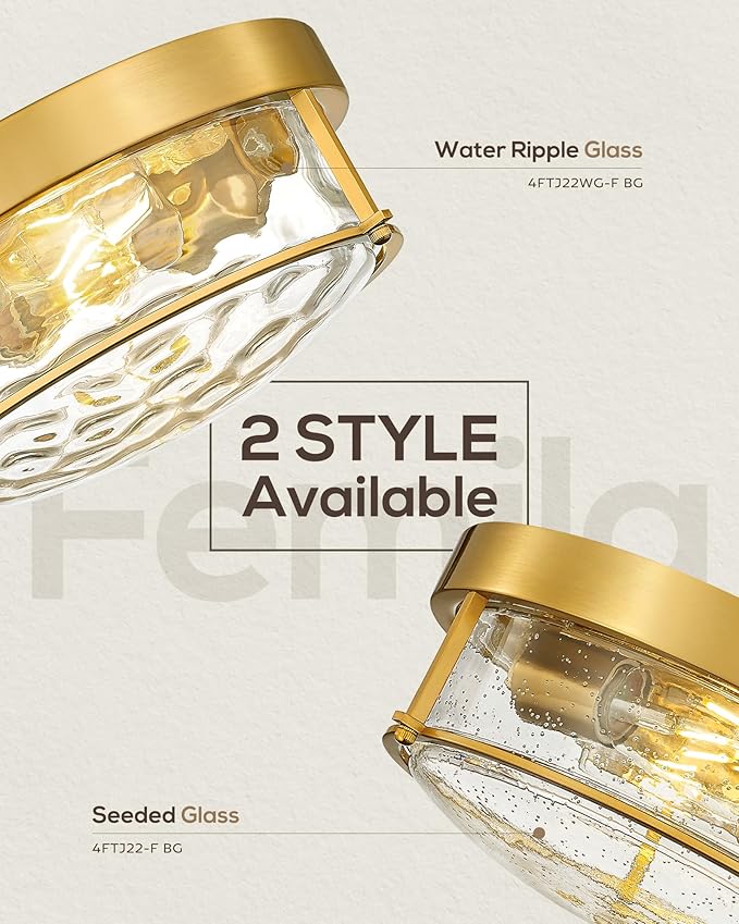 FEMILA 12" Brushed Gold Flush Mount Ceiling Light, Light Fixtures Ceiling Mount with Water Ripple Glass, for Kitchen, Bedroom, Living Room, 4FTJ22WG-F BG