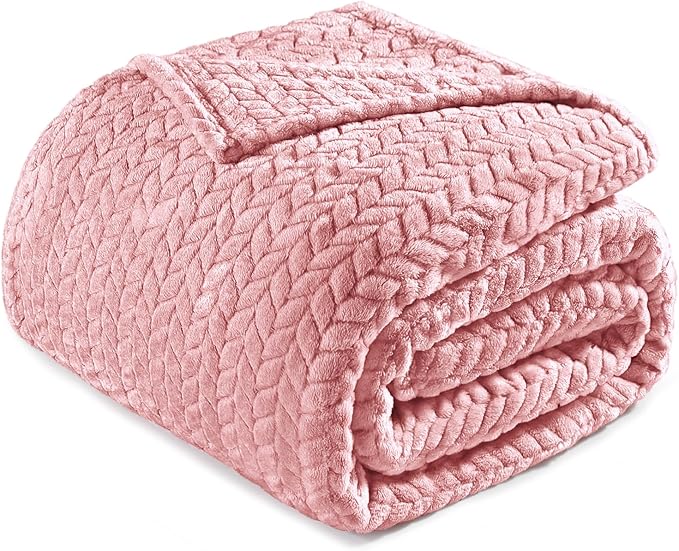 Exclusivo Mezcla Fleece Twin Size Blanket for Bed, 90x66 Inches Soft Cozy Jacquard Flannel Blankets, Lightweight Fuzzy Plush Warm for Winter, Pink