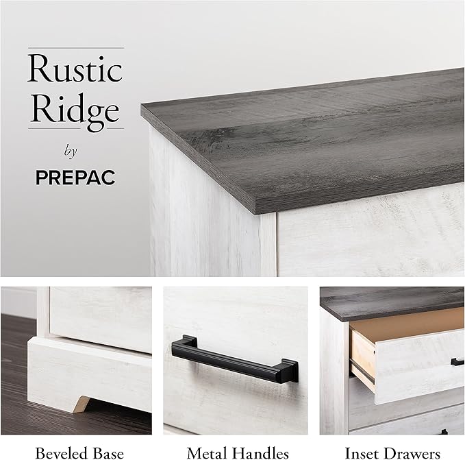 Prepac Rustic Ridge Farmhouse Bedroom Nightstand with 2 Drawers and an Open Cubby, Wooden Bedside Table for Bedroom, Office, or Living Room, 16.25in x 18.75in x 24.5in, Washed White