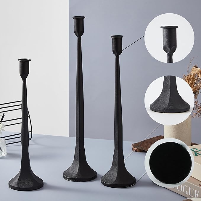 Denique Iron Taper Candle Holder Set of 3, Black Candlestick Holders 19.3”17” 14” Heightening Decorative Candle Stand Set for Wedding, Dining Table, Home Decoration (Black)