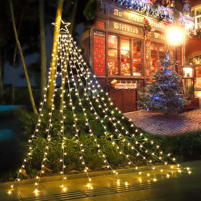 FUNIAO (New) Christmas Decoration Lights, 320 LED Waterfall Christmas Tree Lights with 12" Star Topper, 8 Modes Indoor Outdoor String Lights for Yard, Party, Home, Holiday (Warm White)