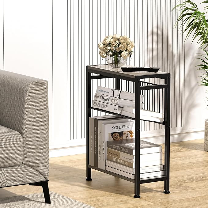 Small Side Table Set of 2 for Small Space, 3-Tier Narrow End Table with Magazine Holder, Slim Nightstand, Skinny Snack Couch Table in Living Room, Bedroom, Kitchen and Balcony (Greige)