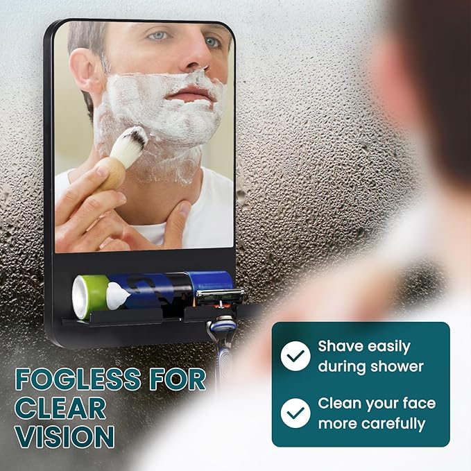 TAILI Shower Mirror Fogless Suction, Shaving Mirror with Razor Holder, Fog Free with Storage Tray, Rust-Proof, Shatterproof, Removable, Bathroom & Shower Accessories, Black