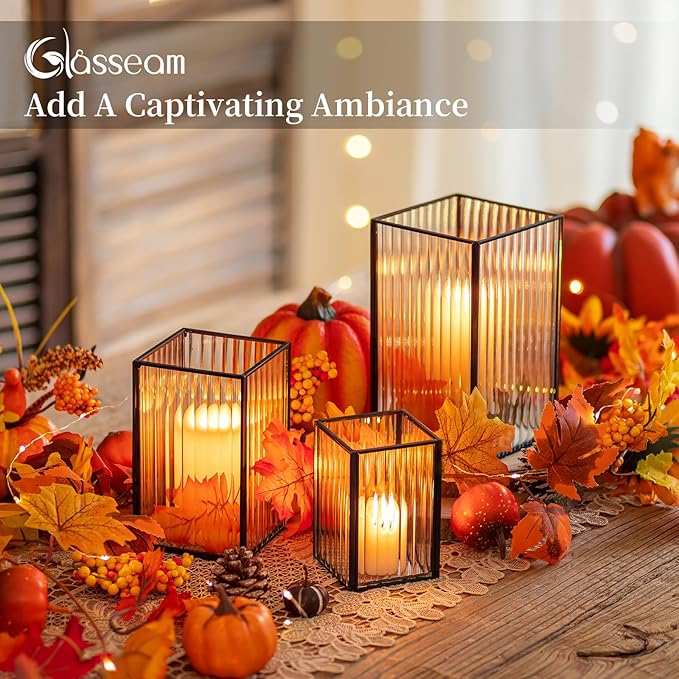 Glasseam Glass Hurricane Candle Holder: Square Black Candle Holders Set of 3 Metal Ribbed Pillar Candle Holder for Table Centerpiece Modern Small Lanterns Decorative Indoor Christmas Halloween Decor