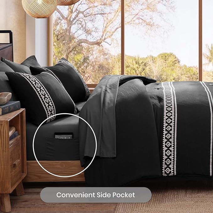 MaiRêve Embroidery Full Size Comforter Set Black, Farmhouse Western Boho Bedding Set 7 Pieces, All Season Bed in A Bag Comforter Set with Sheets, Pillowcases & Shams