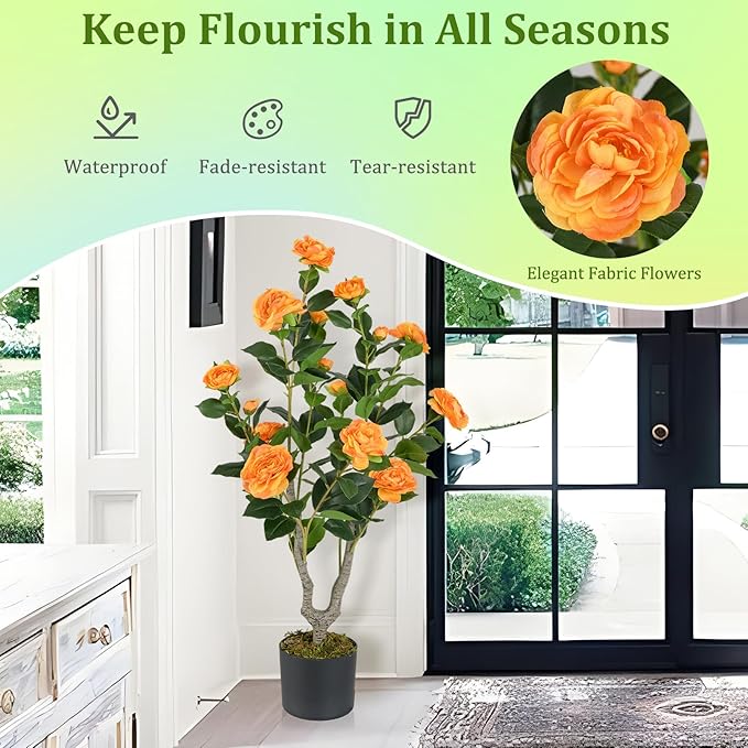 GOFLAME 3FT Artificial Camellia Tree, Faux Camellia Plant with Orange Flowers, Solid Wood Trunk, Realistic Moss, Greenery Potted Decoration Tree for Indoor Outdoor Home Porch Front Door