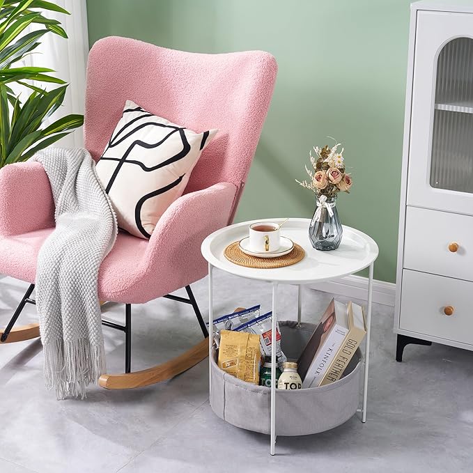 VECELO Round Side/End Table with Fabric Storage Basket，Metal Anti-Rust and Waterproof Small Bedside Nightstand with Removable Tray Top for Living Room，Balcony & Laundry，Beige/2pcs with Basket