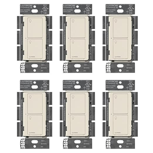 Lutron Caseta Original Smart Light Switch (Lutron Smart Hub Required), for Home, LED Lights, and Fans, 6 Amp, Single-Pole/3-Way, Neutral Required, PD-6ANS-LA-6-Pack, Almond, 6 Pack