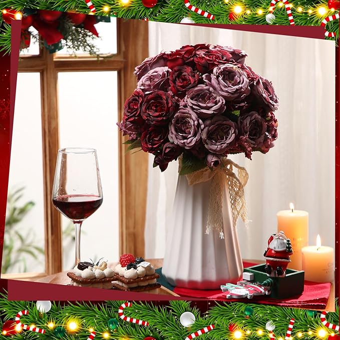 Geosar 8 Bundles Artificial Peonies Flowers Fake Silk Peony Bouquet Faux Peonies Flowers Bulk for Decoration Vase Floral Arrangements Wedding Party Table (Wine Red,Gray)