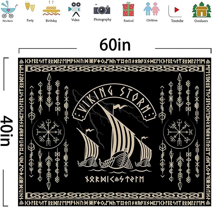 OSUNBD Viking Warship Tapestry Wall Hanging - Small 60x40inches Storm & Celtic Runes on Soft Flannel Aesthetic Mythology Tapestries Norse Mythology Art for Bedroom, Living Room Decor