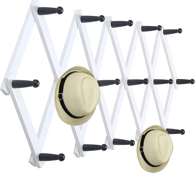 WEBI Accordion Wall Hanger,Expandable Wooden Coat Rack Wall Mounted,Accordion Hat Rack for Wall,Accordion Hook Rack for Hats,Caps,16 Peg Hooks,Black on White