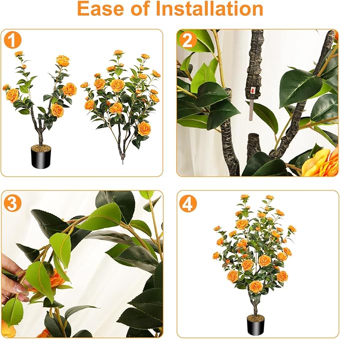 2 Pack 43.3"/3.6FT Artificial Tree with Camellia Flowers Fake Tree with 32 Blooming Flowers Orange Tree for Spring Home Front Door Outdoor Indoor Decor (Including Dried Moss)