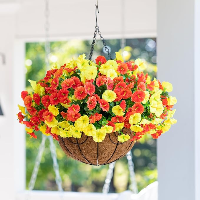Artificial Fake Hanging Flowers with Basket for Fall Decoration, 12 Bundles Faux Silk Morning Glory Plants for Outdoor Planters, Realistic UV Resistant Artificial Flowers for Outside Porch Garden