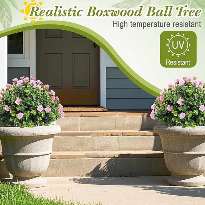 XunYee 4 Pcs 20" Artificial Topiary Ball Trees, Outdoor Artificial Shrubs Faux Bushes UV Resistance Greenery Fake Plants Tree with Ground Spike for Garden Porch Patio Indoor Decoration (Pink Flower)
