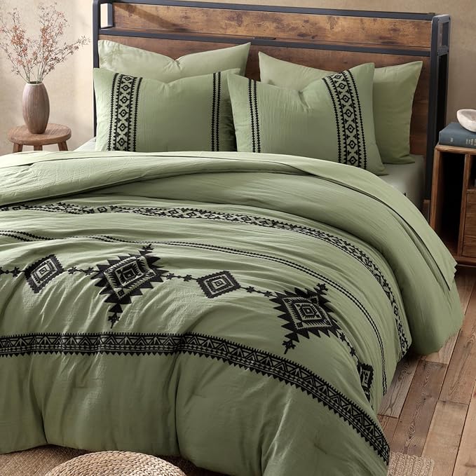 MaiRêve Embroidery King Size Comforter Set Light Olive Green, Farmhouse Western Boho Bedding Set 7 Pieces, All Season Bed in A Bag Comforter Set with Sheets, Pillowcases & Shams