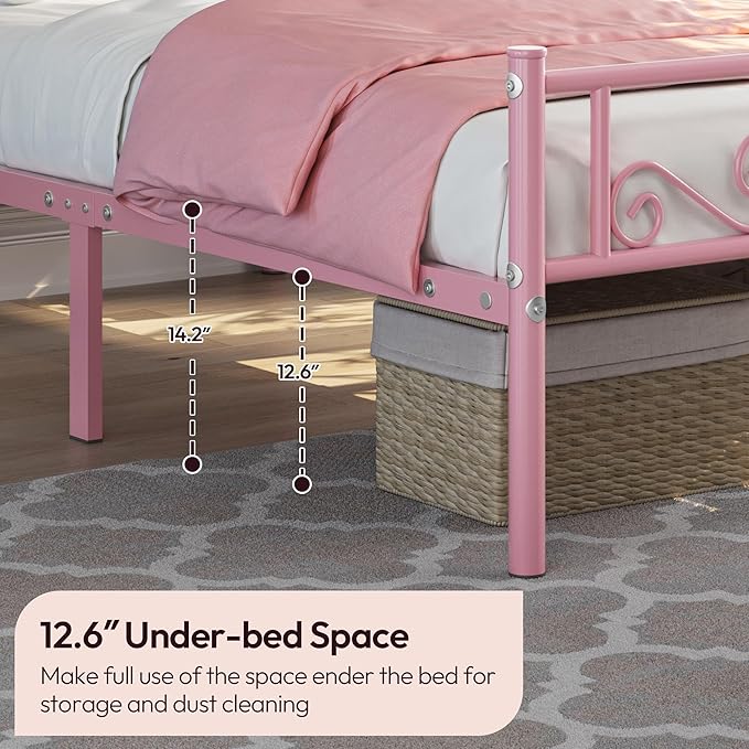 Yaheetech Twin Bed Frames Metal Platform Bed with Headboard and Footboard No Box Spring Needed Easy Assembly,Under-Bed Space: 12.6''/Pink/Twin Bed