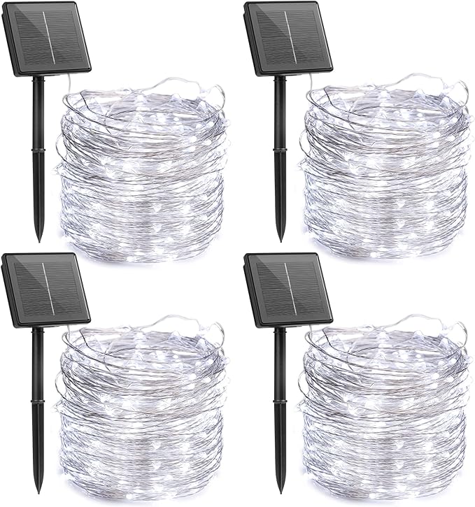 Minetom Solar String Lights, 4 Packs Total 132Ft 400 LED Solar Fairy Lights, Waterproof Solar Lights for Outside Patio Yard Tree Wedding Christmas, Pure White