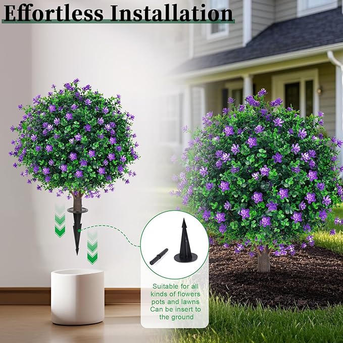 Artificial Purple Flower Boxwood Topiary Ball Trees,2 Set of 16'' UV Resistant Fake Evergreen Shrubs Bushes Plants with Ground Spike, Fake Plants for Outdoor Indoor Front Porch Garden