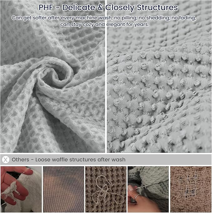 PHF 100% Cotton Waffle Weave Throw Blanket，Pre-Washed Snag Proof Lightweight Breathable Moisture-Wicking for Layering in Cold Weather for Couch Bed,Machine Washable,Home Decor Gift-Light Grey