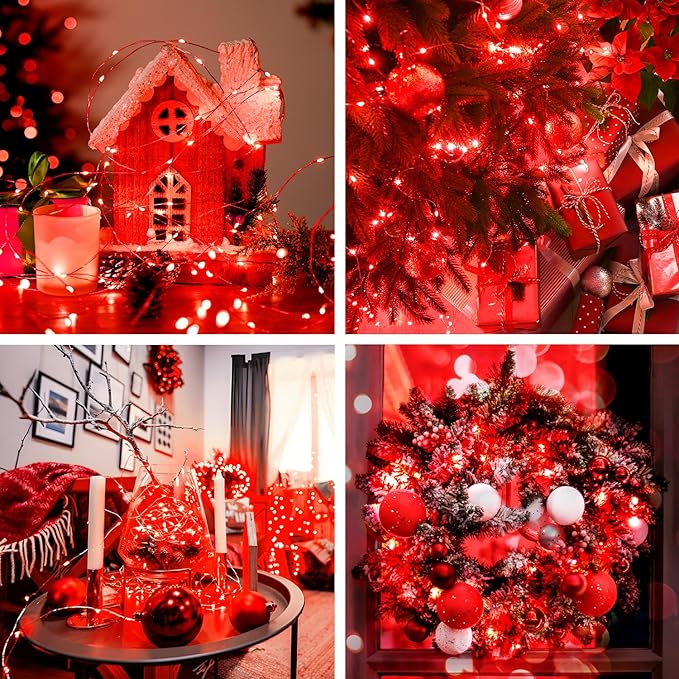 JMEXSUSS 2 Pack Red Fairy Lights Battery Operated, Total 400 LED 132ft Christmas Lights with Remote, 8 Modes Twinkle String Lights for Bedroom Wreath Tree Valentine Halloween Xmas Decorations
