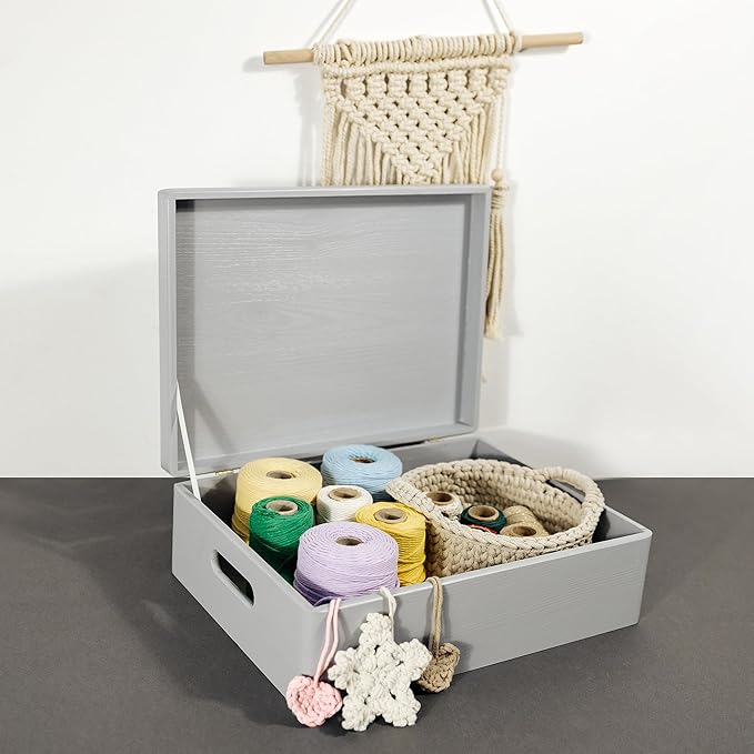 XL Grey Wooden Box Storage with Hinged Lid | 15.8 x 11.8 x 5.5 inches (+-0.5) | with Handles | Gift Box for Tool Dog Toy Shoes Clothes Kitchen Storage Document | Wood Keepsake Ches