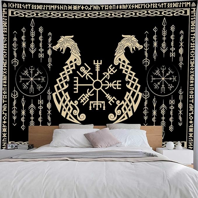 OSUNBD Viking Dragon Tapestry Ancient Rune Dragon Totem Norse Mythology Wall Art Tapestries Black Mystical Geometric Norse Mythology Tapestry Large Size 78.7”x59.1” for Bedroom Living Room Dorm