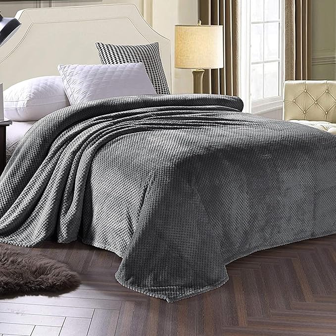 Exclusivo Mezcla Fleece Bed Blanket Queen Size, Super Soft and Warm Blankets for Couch, Sofa and Bed Waffle Textured, Cozy, Fuzzy and Lightweight (Dark Grey, 90x90 Inches)