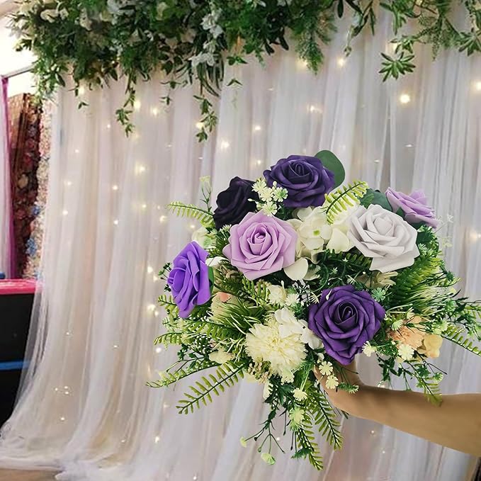 Artificial Fake Flowers 25pcs Roses, Shade of Purple Foam Rose Faux Flower for DIY Wedding Bouquets Bridal Shower Centerpieces Floral Arrangements Party Tables Home Decorations