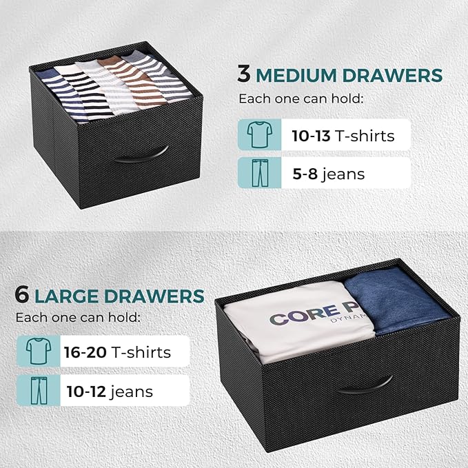 OLIXIS Dresser for Bedroom, 9 Storage Drawers, Wide Fabric Closet Chests Organizer Tower Furniture, TV Stand with Wooden Top Metal Frame for Clothes, Living Room, Hallway, Entryway, Black
